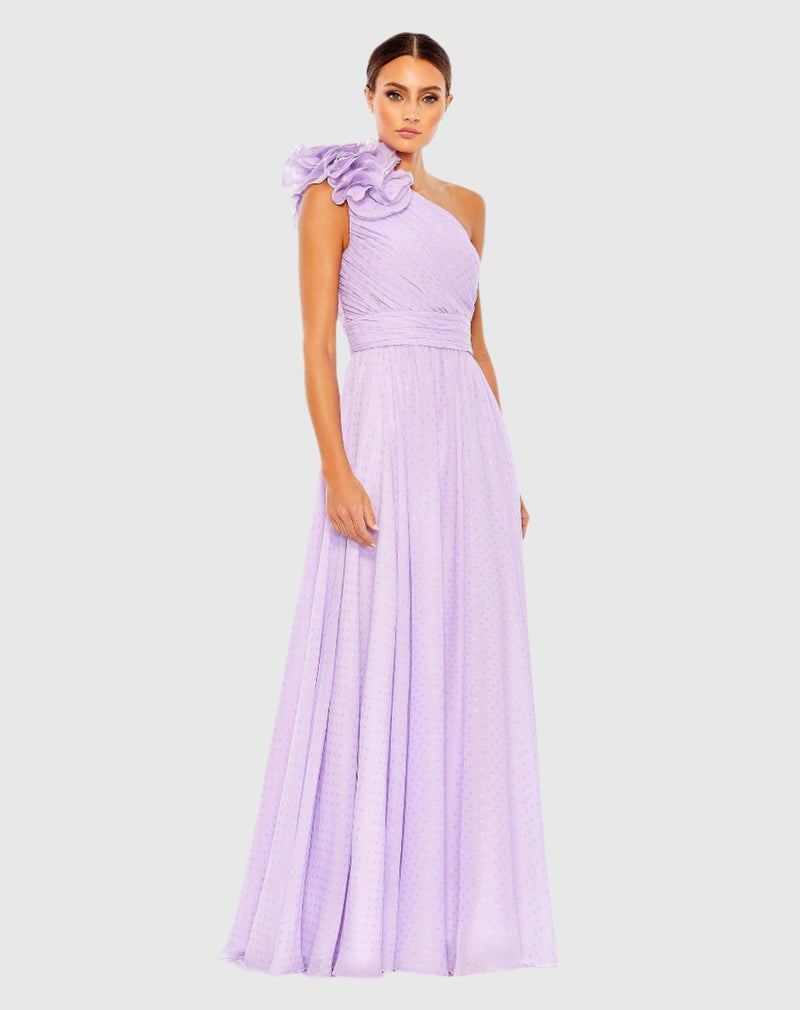 Mac Duggal Polka Dot Ruffled One Shoulder Gown #49536 Lilac