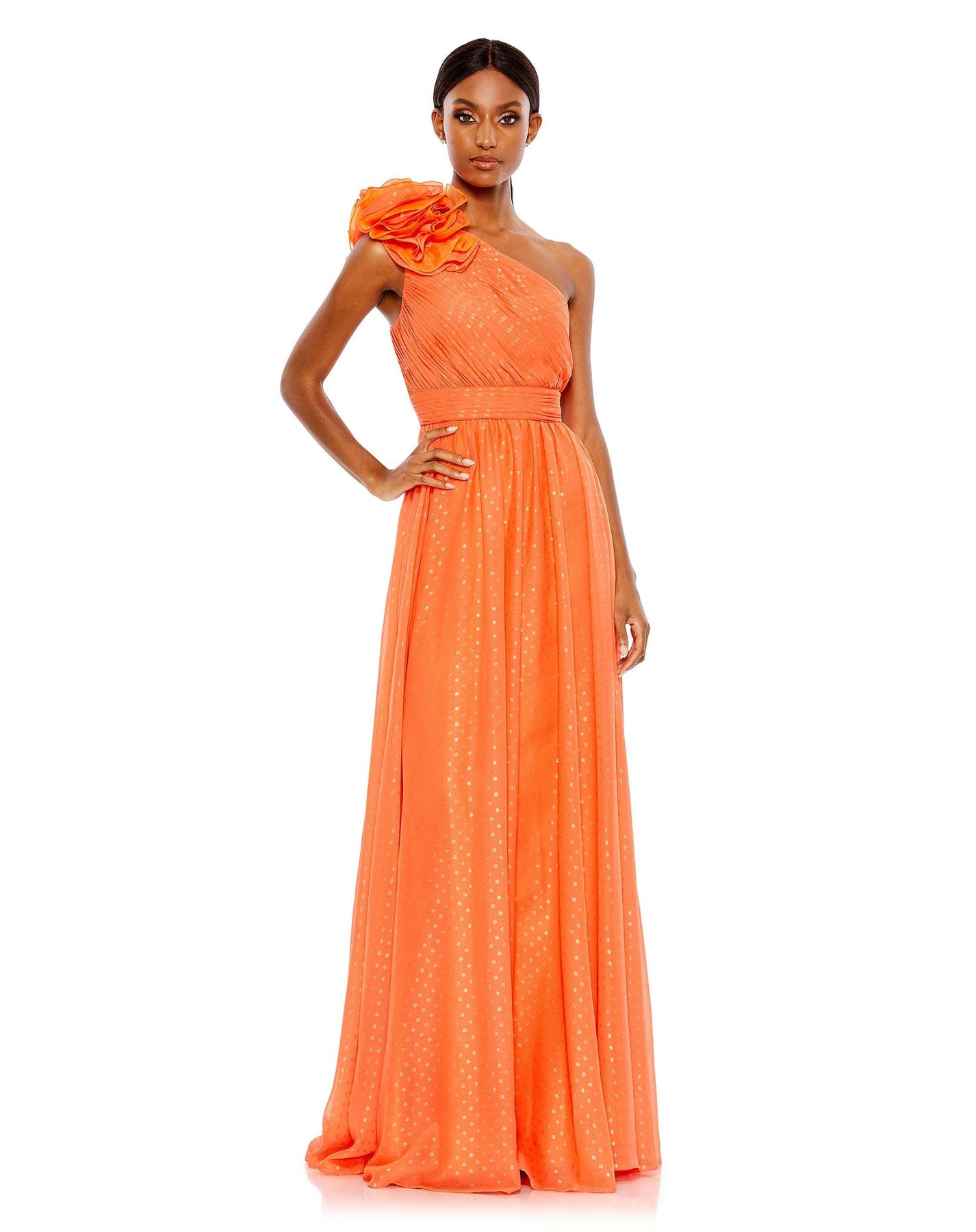 Mac Duggal Ruffled One Shoulder Gown Orange SHAIDE BOUTIQUE