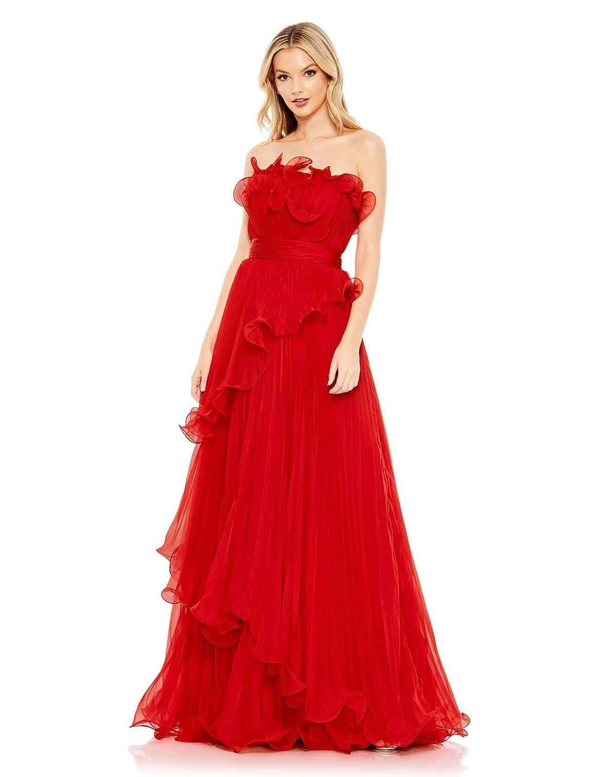 Mac Duggal #49537 Pleated Tiered Ruffle Strapless Gown - Red