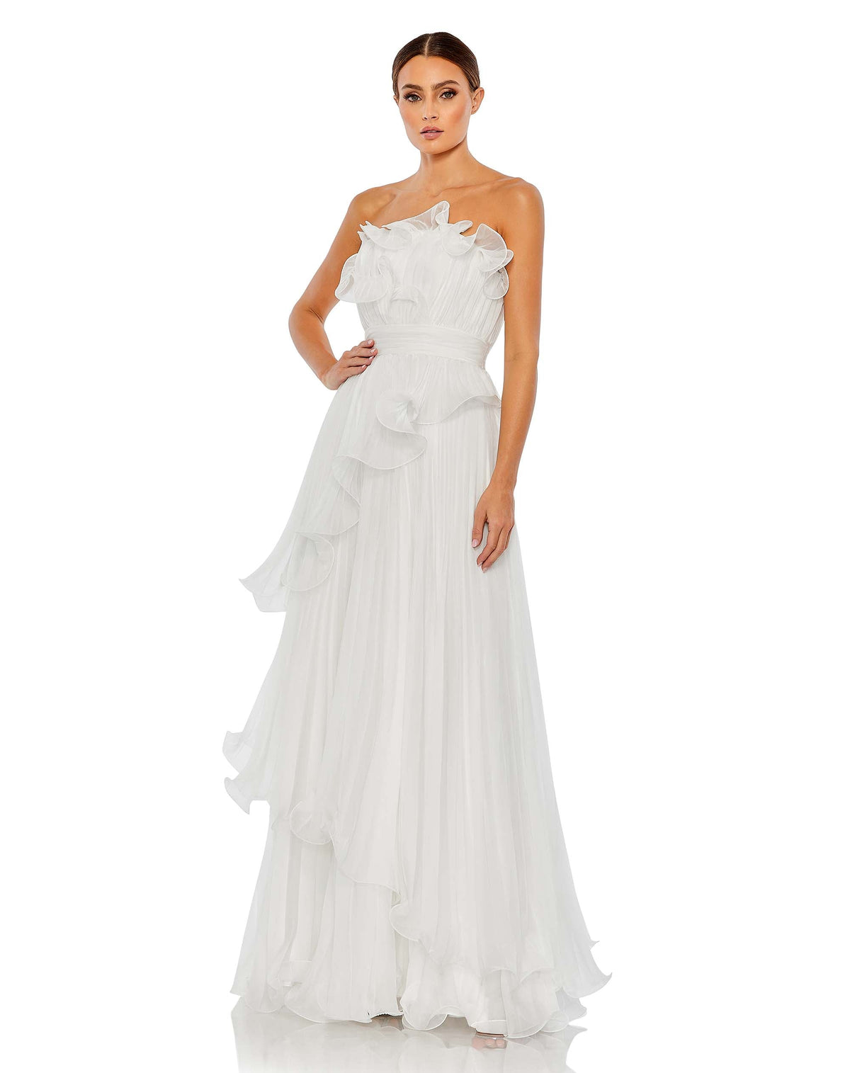 Mac Duggal #49537 Pleated Tiered Ruffle Strapless Gown - White