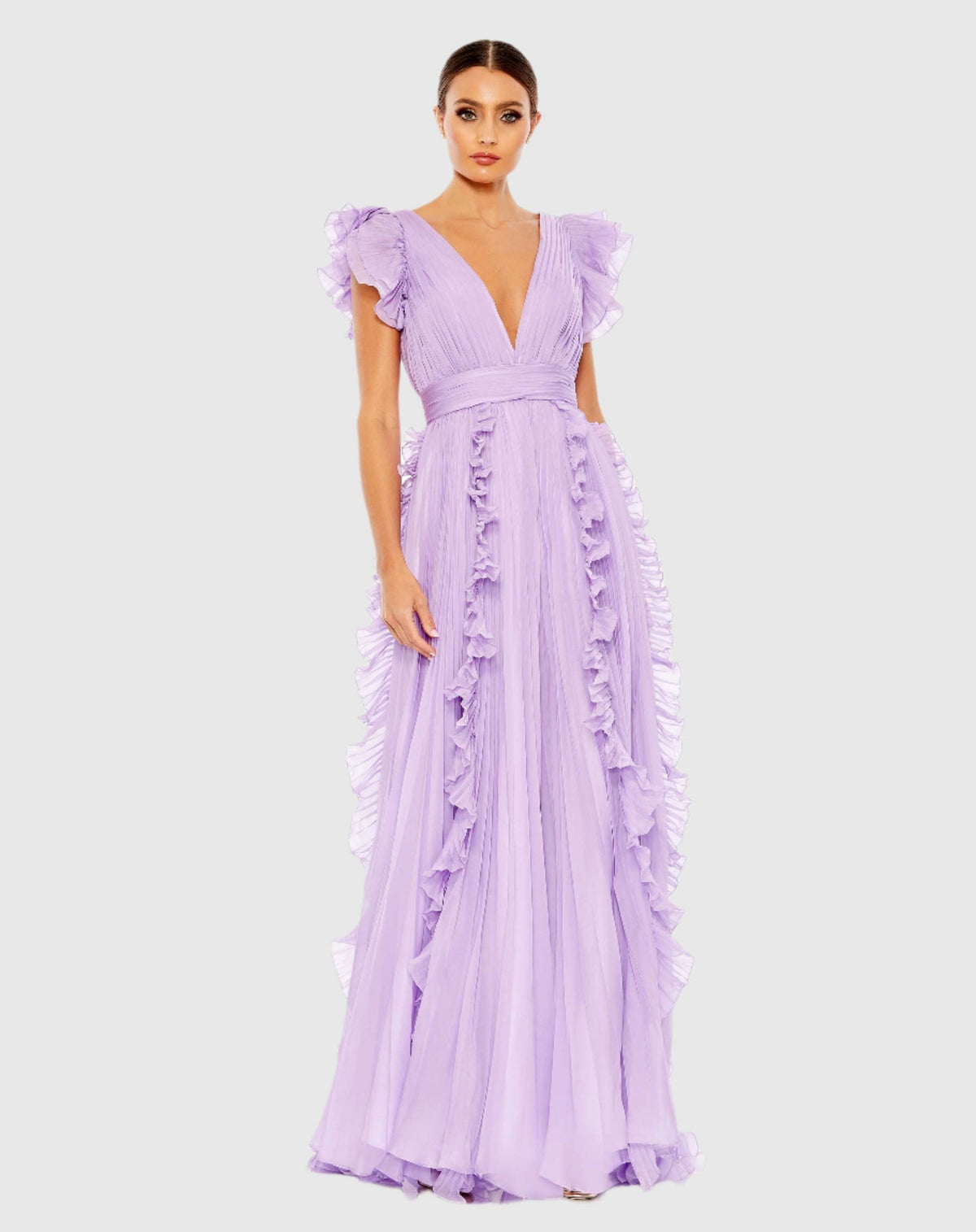 Mac Duggal Pleated Ruffle Cap Sleeve Flowy A Line Gown #49539 Lilac 