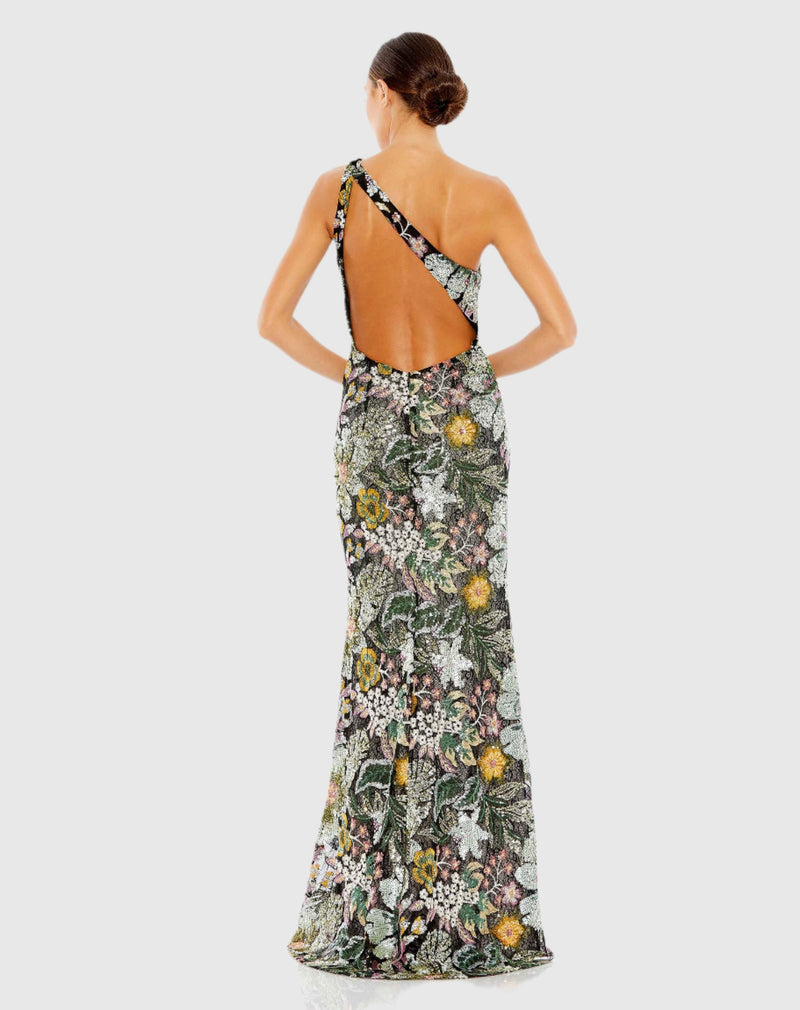 Embellished floral one shoulder gown - Black