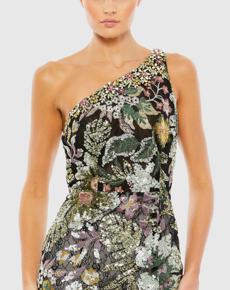 Embellished floral one shoulder gown - Black