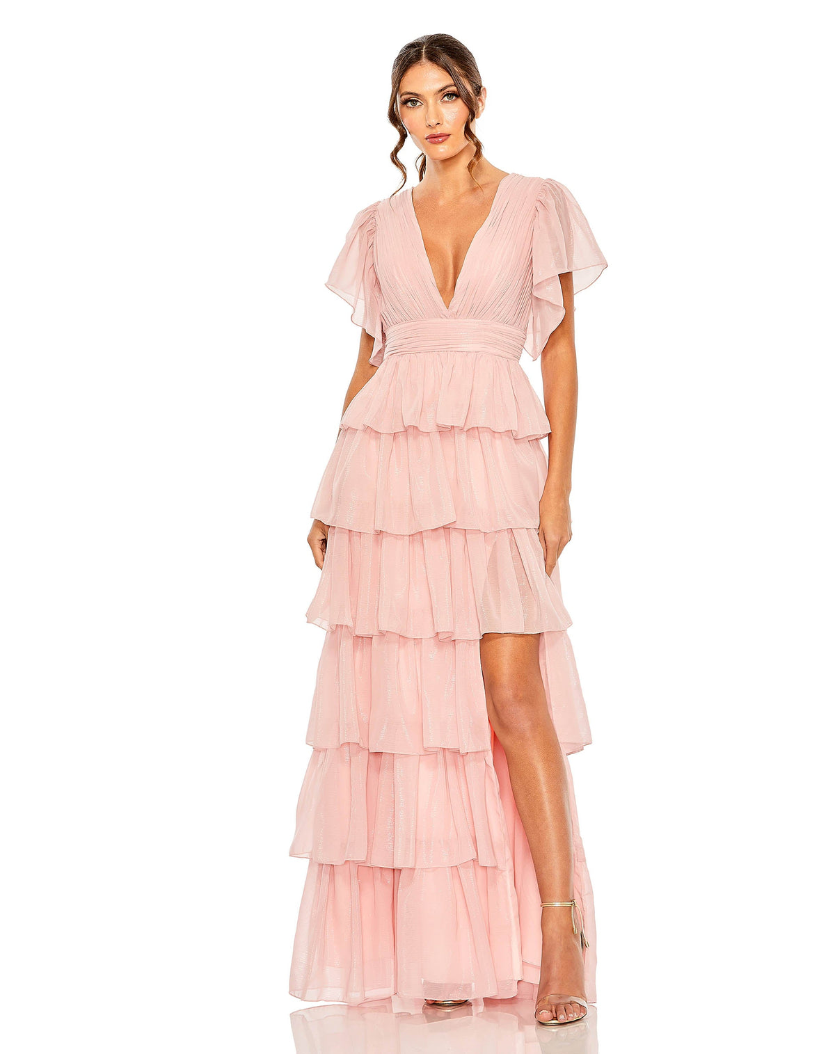 Mac Duggal #49595, Flutter Sleeve Ruffle Tiered Gown - Petal Pink