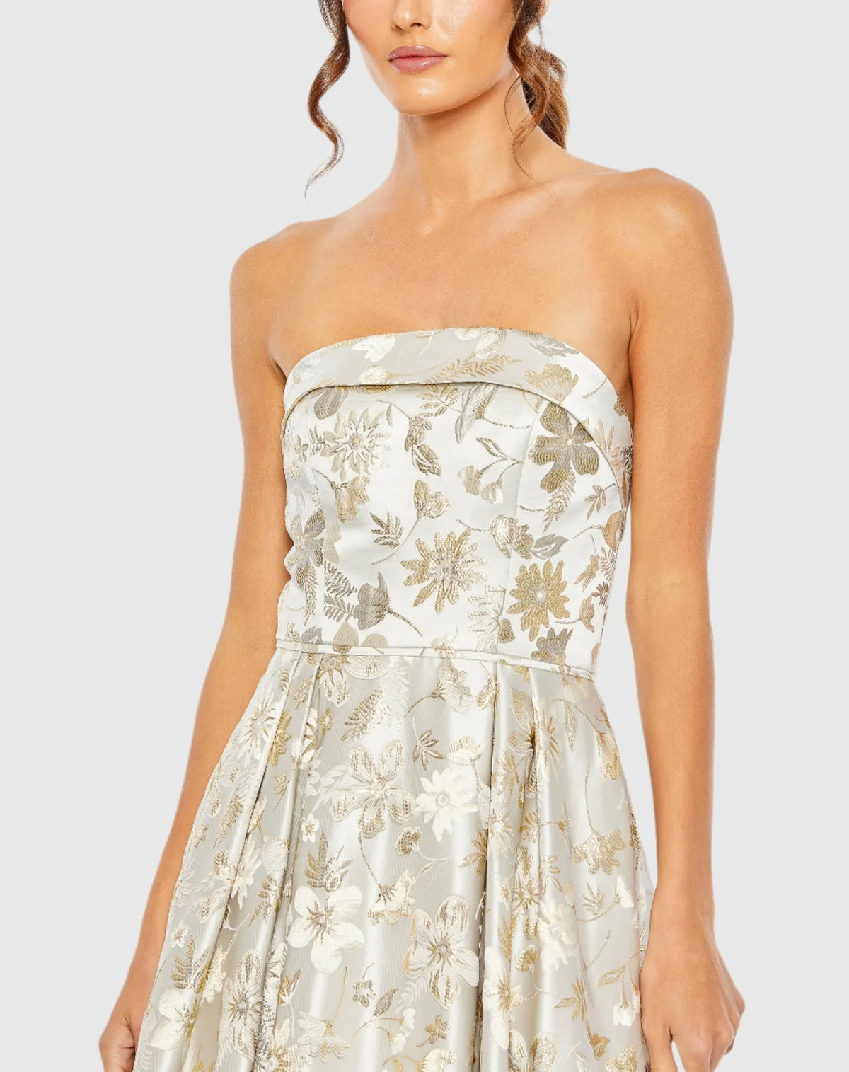 Brocade strapless floral high low gown - White