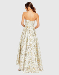 Brocade strapless floral high low gown - White