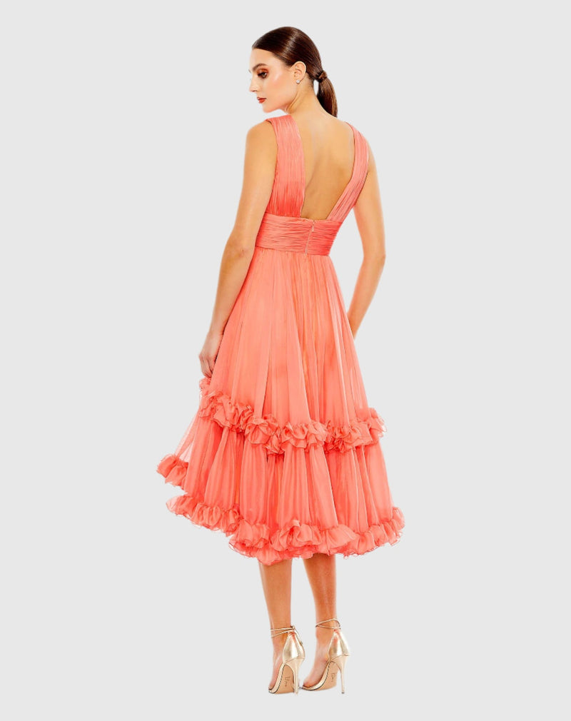 V Neck Tiered Midi Dress - Coral