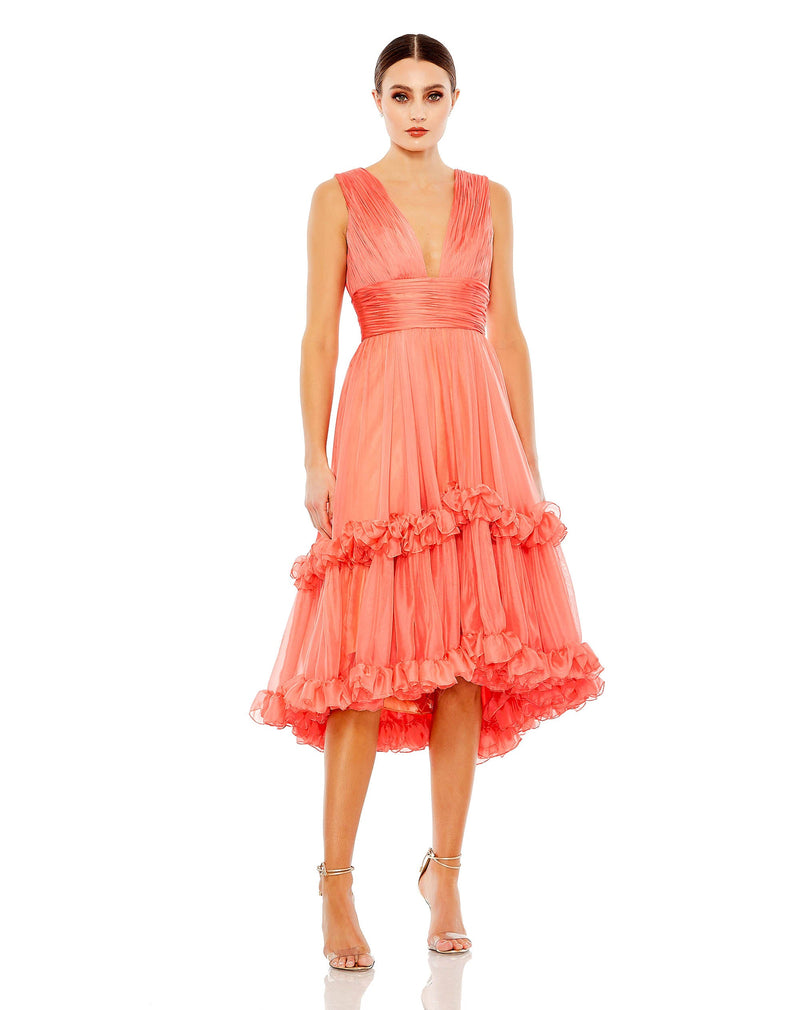 Mac Duggal, #49635 V Neck Tiered Midi Dress - Coral