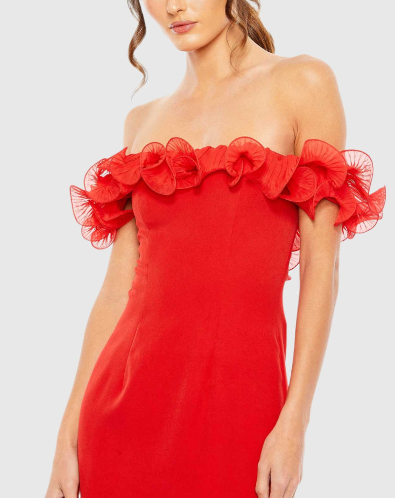 Strapless Ruffle Detail Column Gown - Red