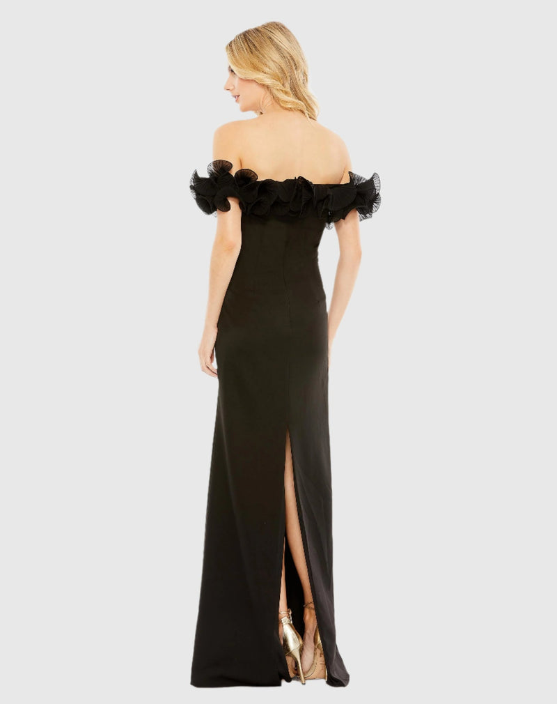 Strapless Ruffle Detail Column Gown - Black