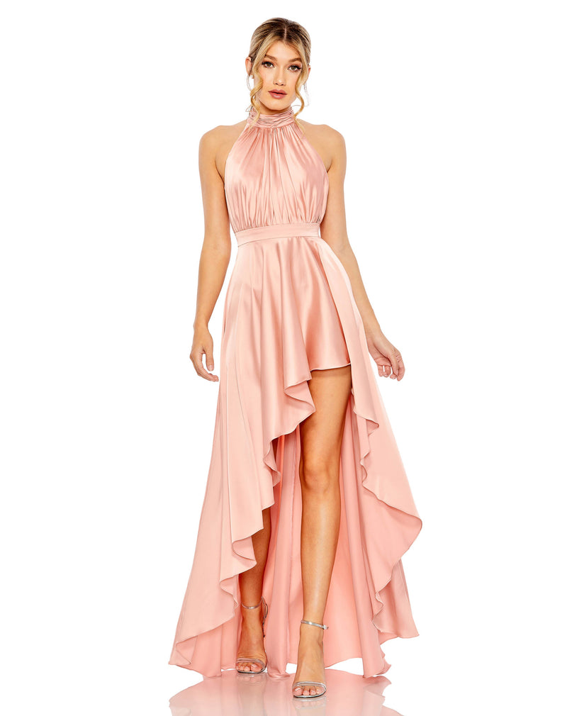 Mac Duggal #49664 High Neck Satin High Low Gown - Rose