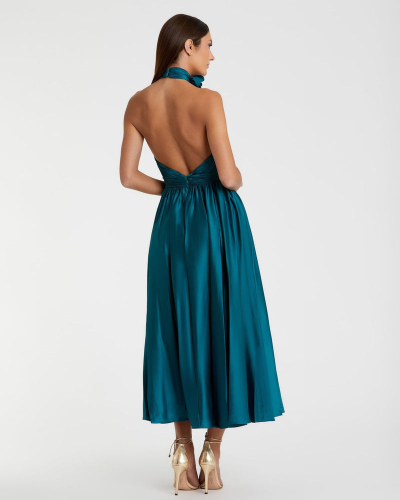 Pleated Charmeuse High Neck Sleeveless Midi Dress - Ocean