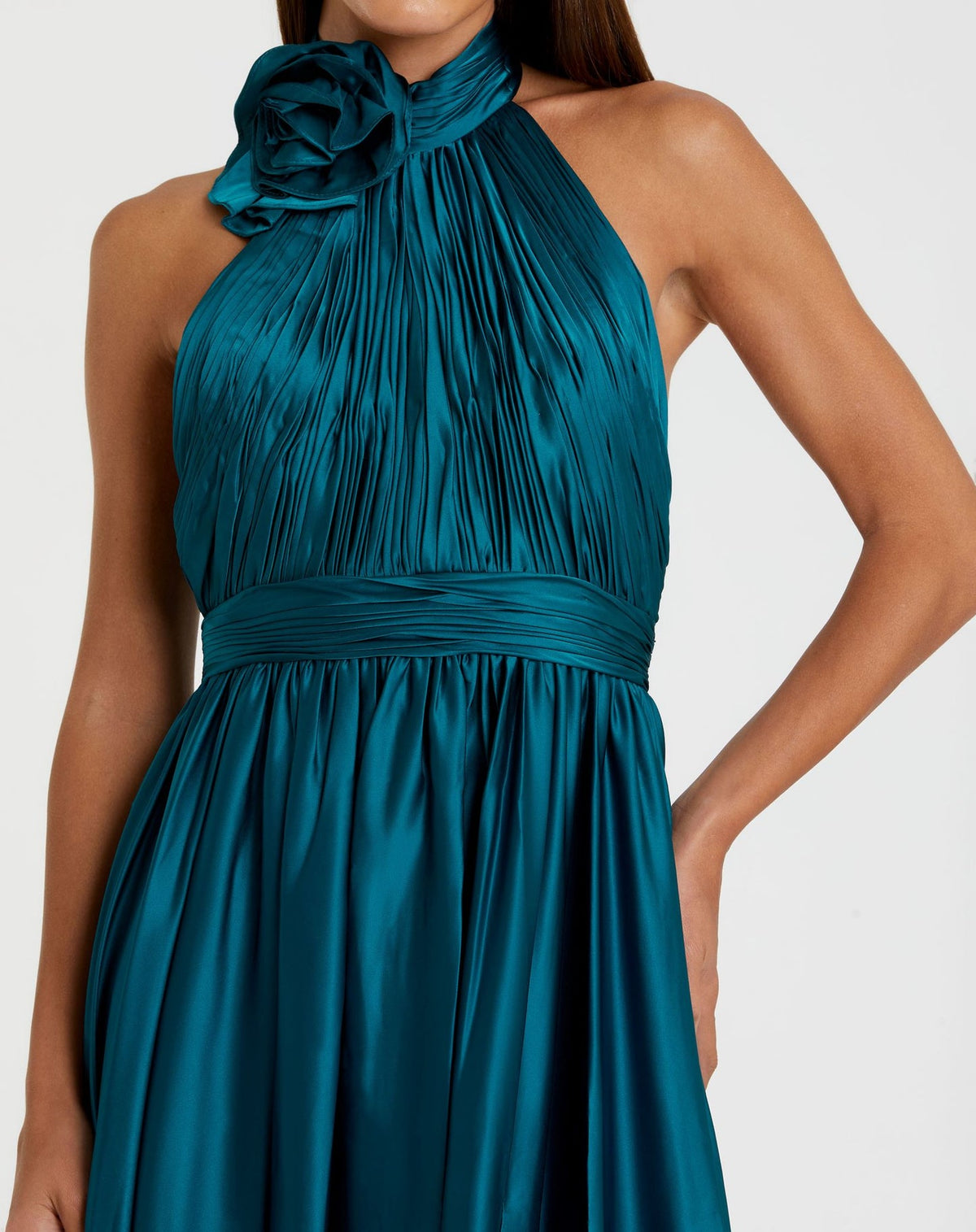 Pleated Charmeuse High Neck Sleeveless Midi Dress - Ocean