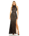 Mac Duggal, Style #49679, Side cut out high neck sequin gown black