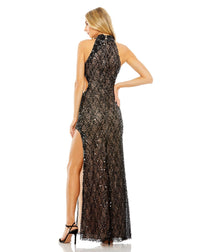 Mac Duggal, Style #49679, Side cut out high neck sequin gown black back view