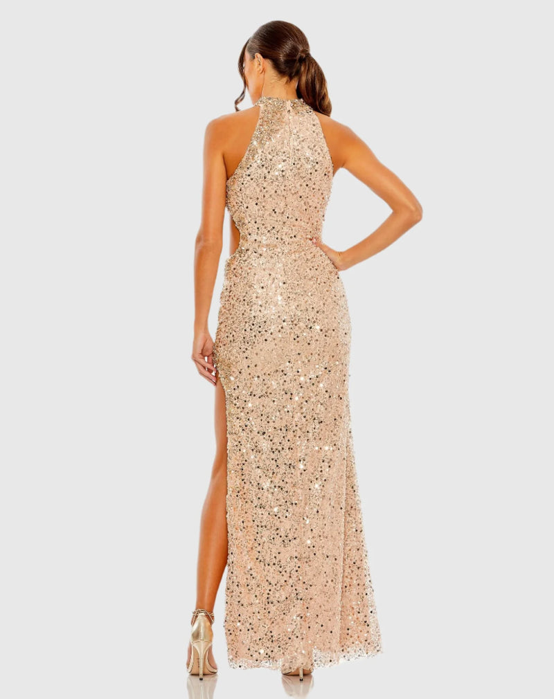 High neck halter neck sleeveless sequin thigh split gown - Rose Gold