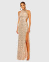 Mac Duggal, High neck halter neck sleeveless sequin thigh split gown - Rose Gold  #49679 