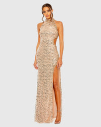 Mac Duggal, High neck halter neck sleeveless sequin thigh split gown - Rose Gold  #49679 