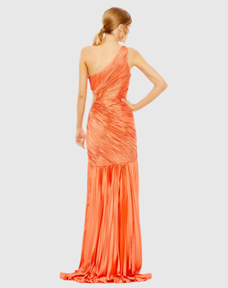 Side cut-out one-shoulder pleated gown - Coral