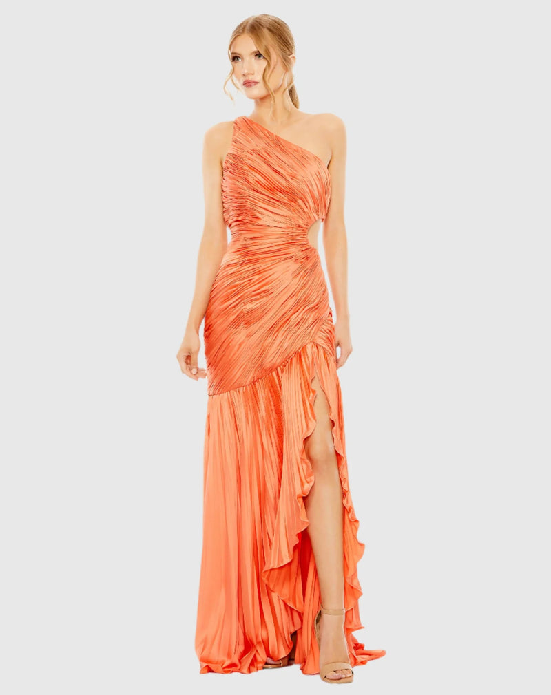 Side cut-out one-shoulder pleated gown - Coral