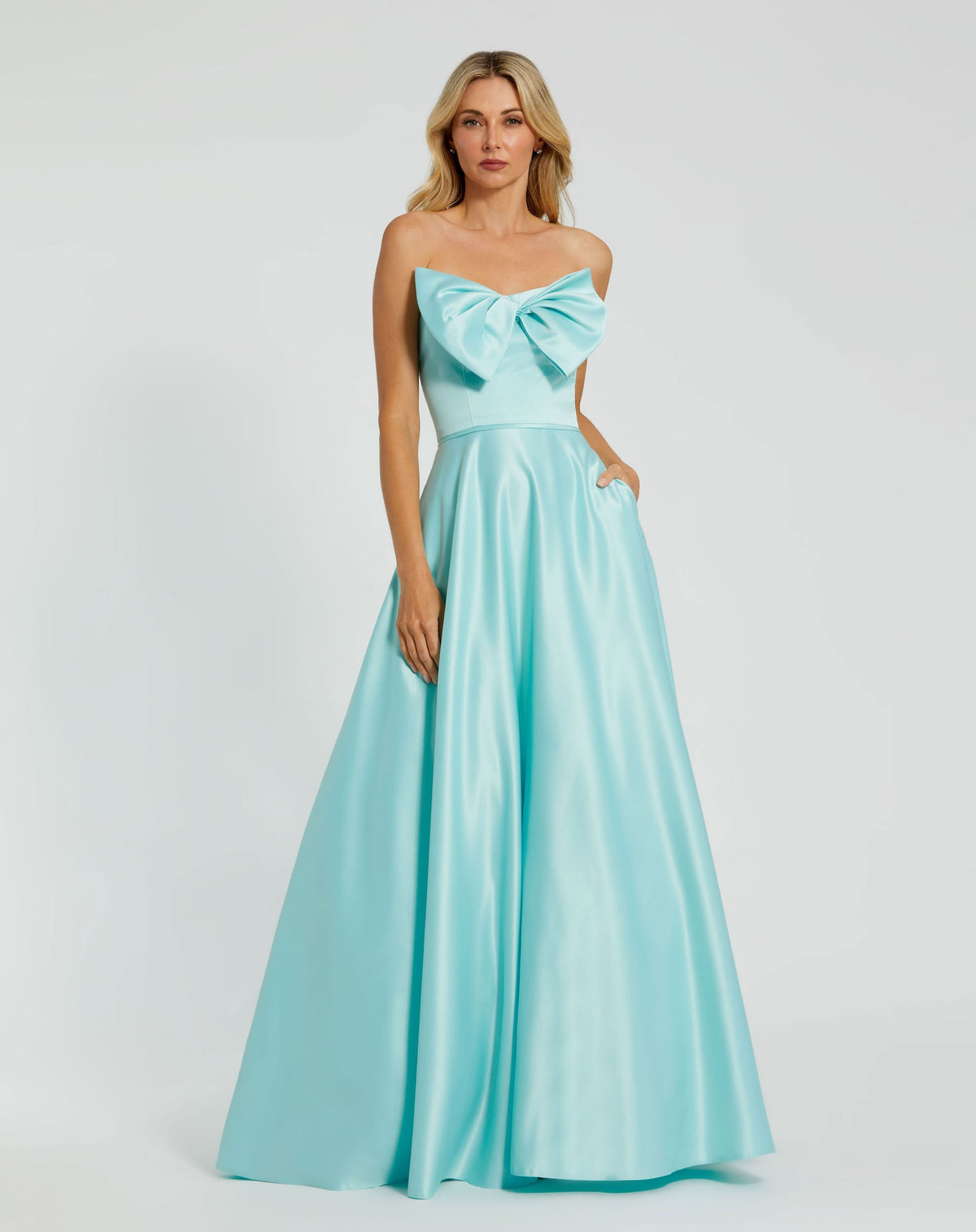 Mac Duggal, Strapless A-Line Bow Ballgown  #49702 Aqua Blue 