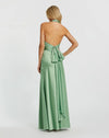 Green Ruched Halter Neck Tie Back Satin Gown - Sage