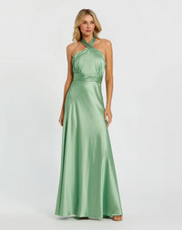 Mac Duggal Green Ruched Halter Neck Tie Back Satin Gown - Sage