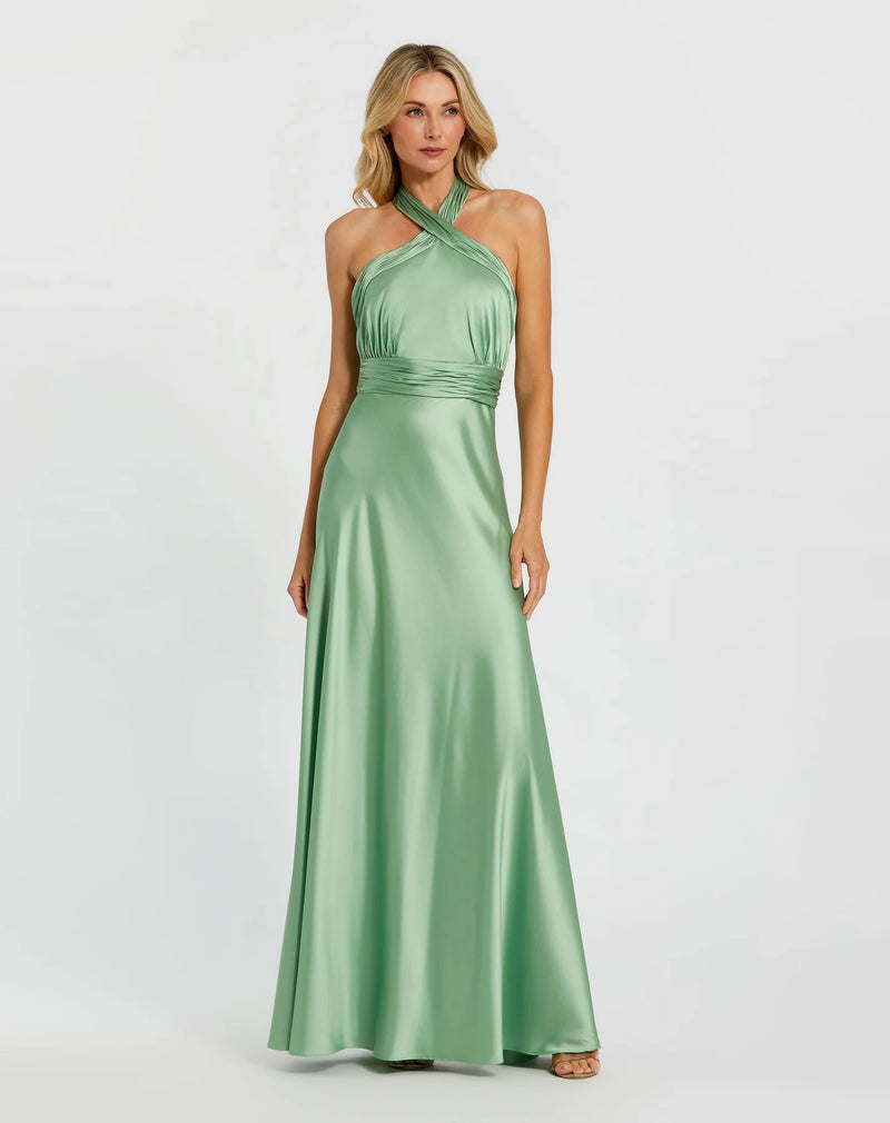 Mac Duggal Green Ruched Halter Neck Tie Back Satin Gown - Sage