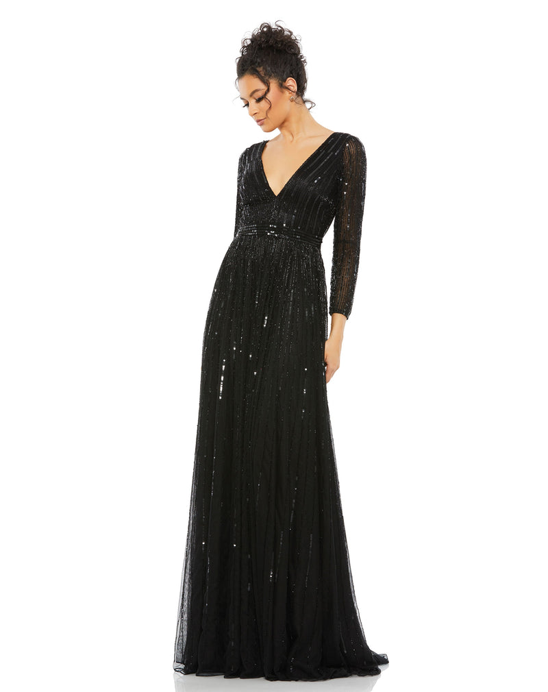 Mac Duggal #4977 Sequin V Neck Illusion A Line Gown, Black 