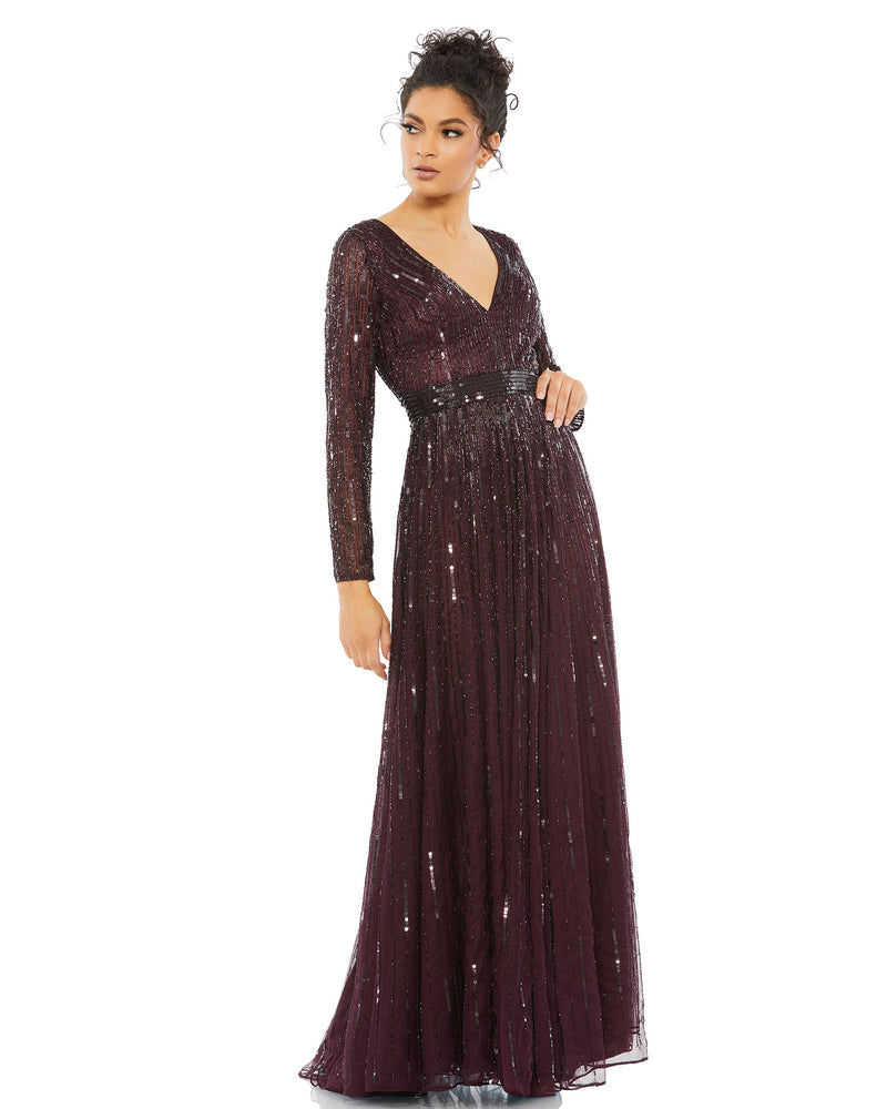 Mac Duggal #4977 Sequin V Neck Illusion A Line Gown, Mulberry 