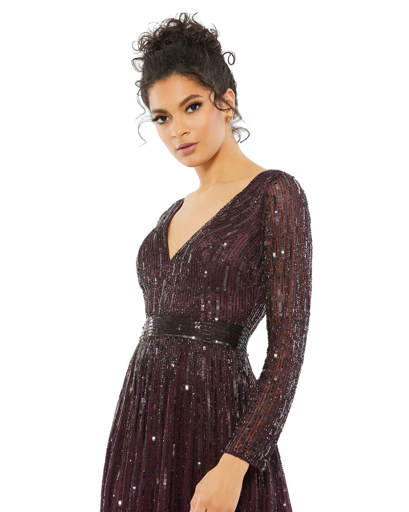 Sequin V Neck Long Sleeve A Line Gown - Mulberry