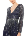 Sequin V Neck Long Sleeve A Line Gown - Midnight