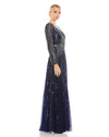 Sequin V Neck Long Sleeve A Line Gown - Midnight