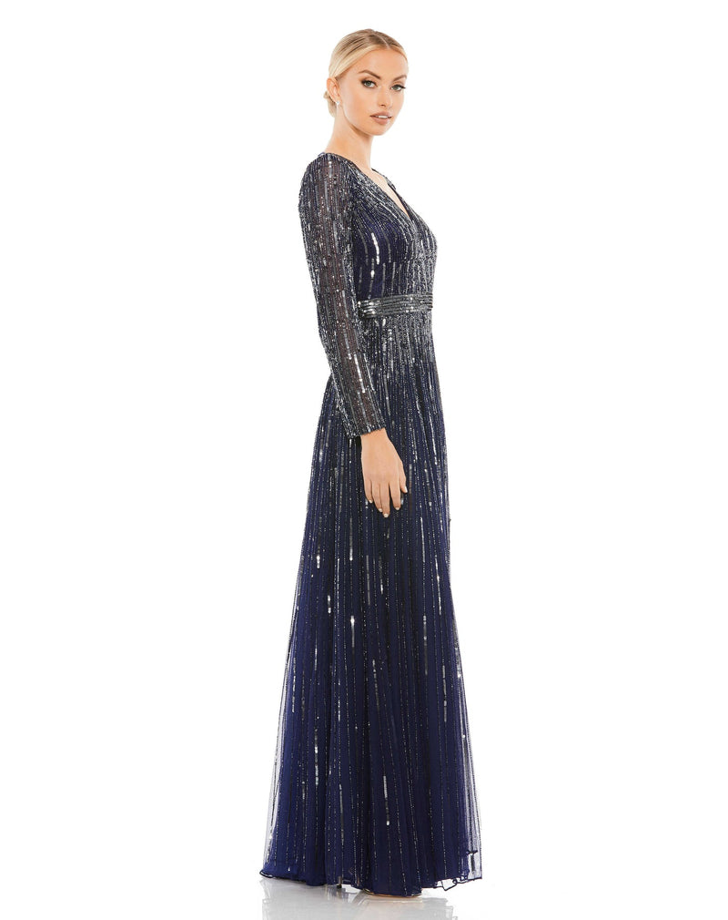 Sequin V Neck Long Sleeve A Line Gown - Midnight