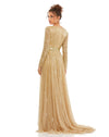 Sequin V Neck Long Sleeve A Line Gown - Taupe