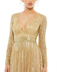 Sequin V Neck Long Sleeve A Line Gown - Taupe