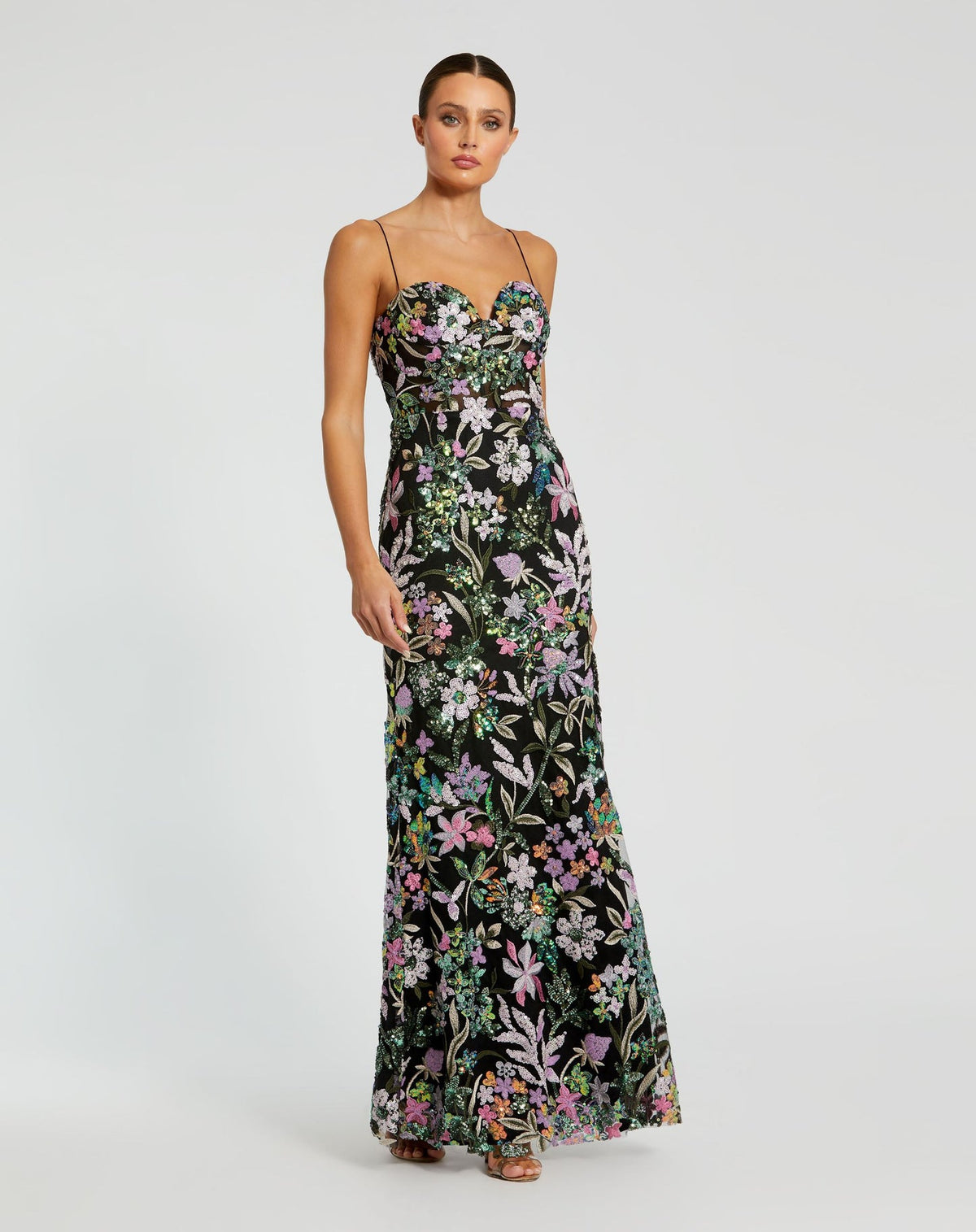 Mac Duggal, Strapless Sequin Floral Embroidered Spaghetti Strap Gown - Black #49827