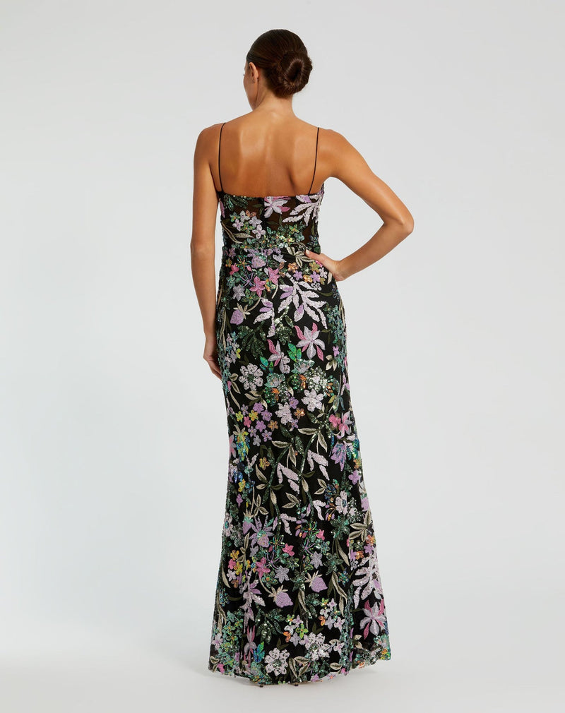 Floral Embroidered Spaghetti Strap Gown - Black