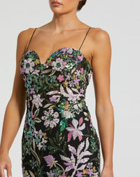 Floral Embroidered Spaghetti Strap Gown - Black