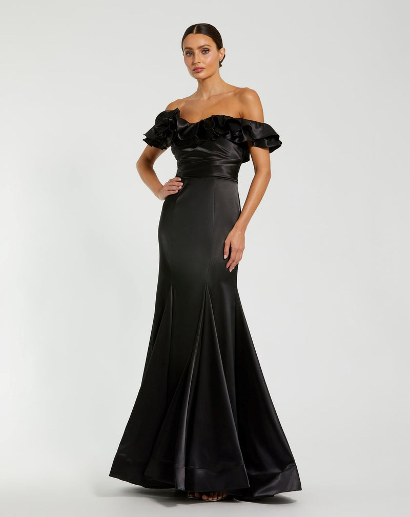 Mac Duggal, Satin Ruffle Off the Shoulder Mermaid Gown, Black  #49834