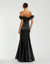 Black Satin Ruffle Off the Shoulder Mermaid Gown - Black