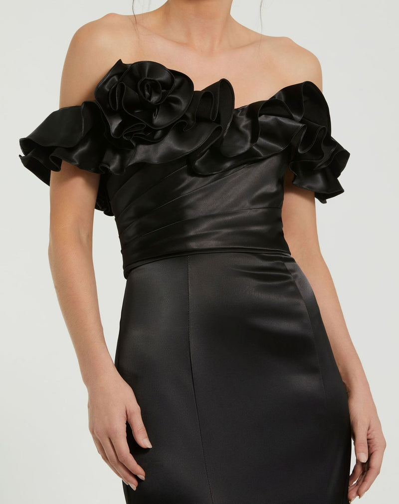 Black Satin Ruffle Off the Shoulder Mermaid Gown - Black