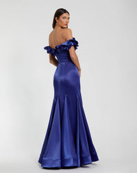 Black Satin Ruffle Off the Shoulder Mermaid Gown - Cobalt