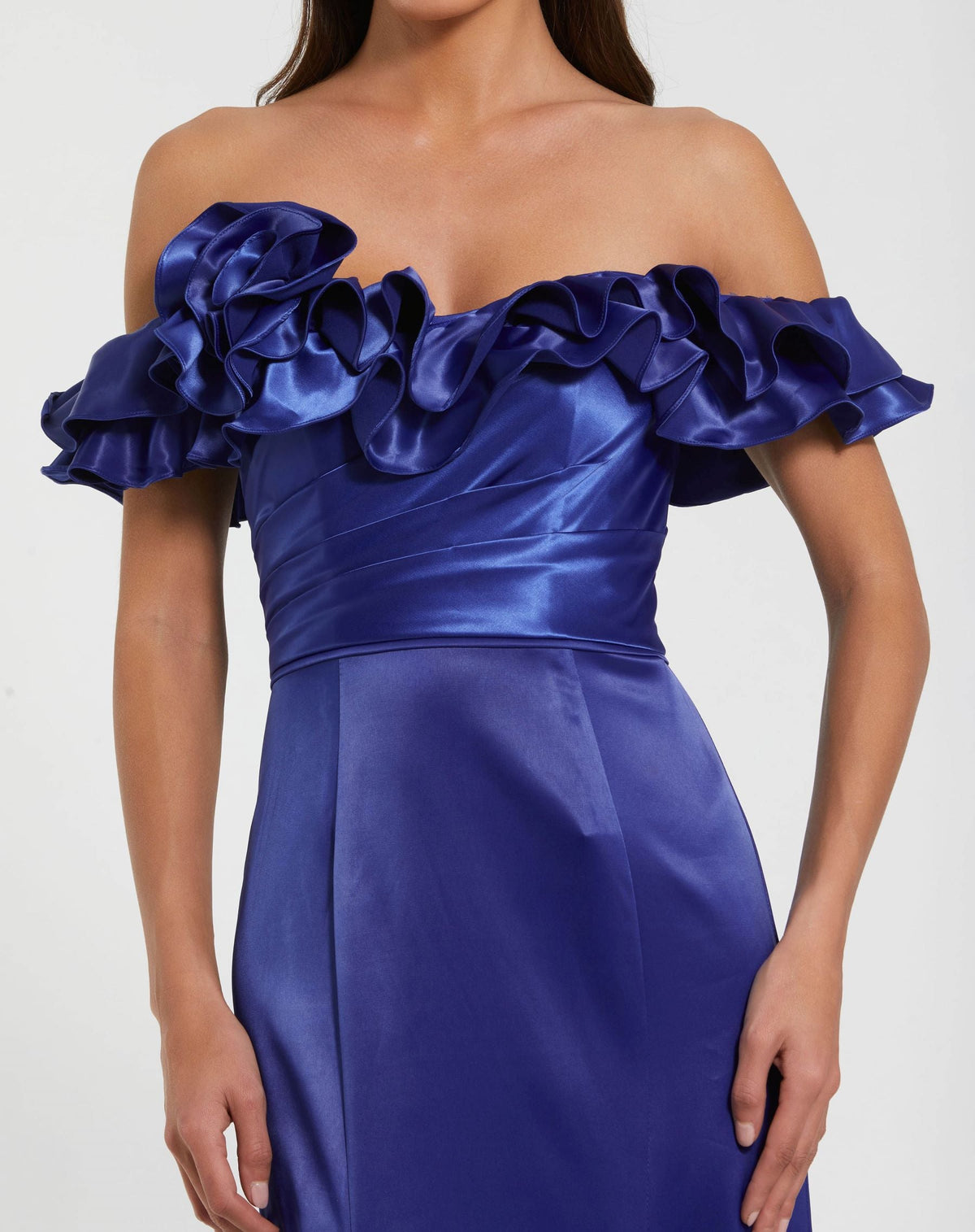 Black Satin Ruffle Off the Shoulder Mermaid Gown - Cobalt