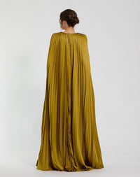 Pleated Charmeuse V Neck Gown With Cape - Chartreuse