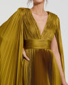 Pleated Charmeuse V Neck Gown With Cape - Chartreuse