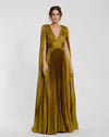 Mac Duggal Pleated Charmeuse V Neck Gown With Cape #49872 Chartreuse