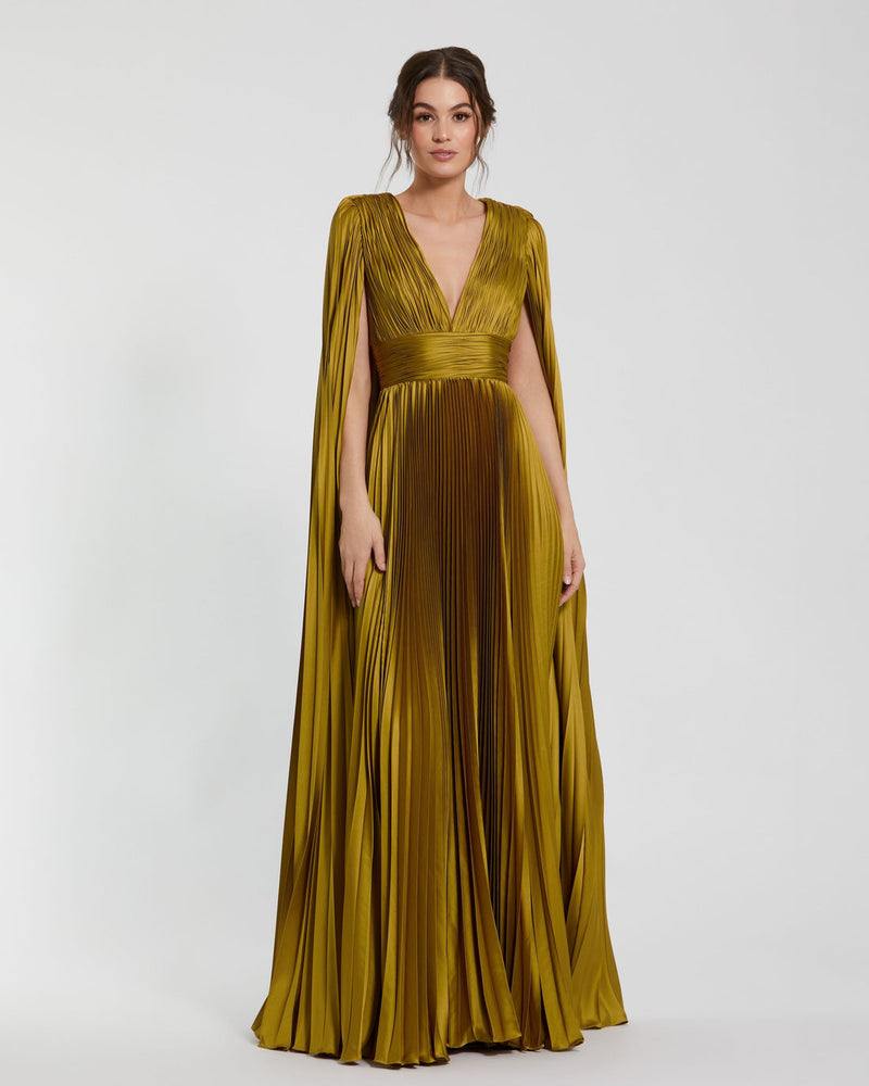 Mac Duggal Pleated Charmeuse V Neck Gown With Cape #49872 Chartreuse