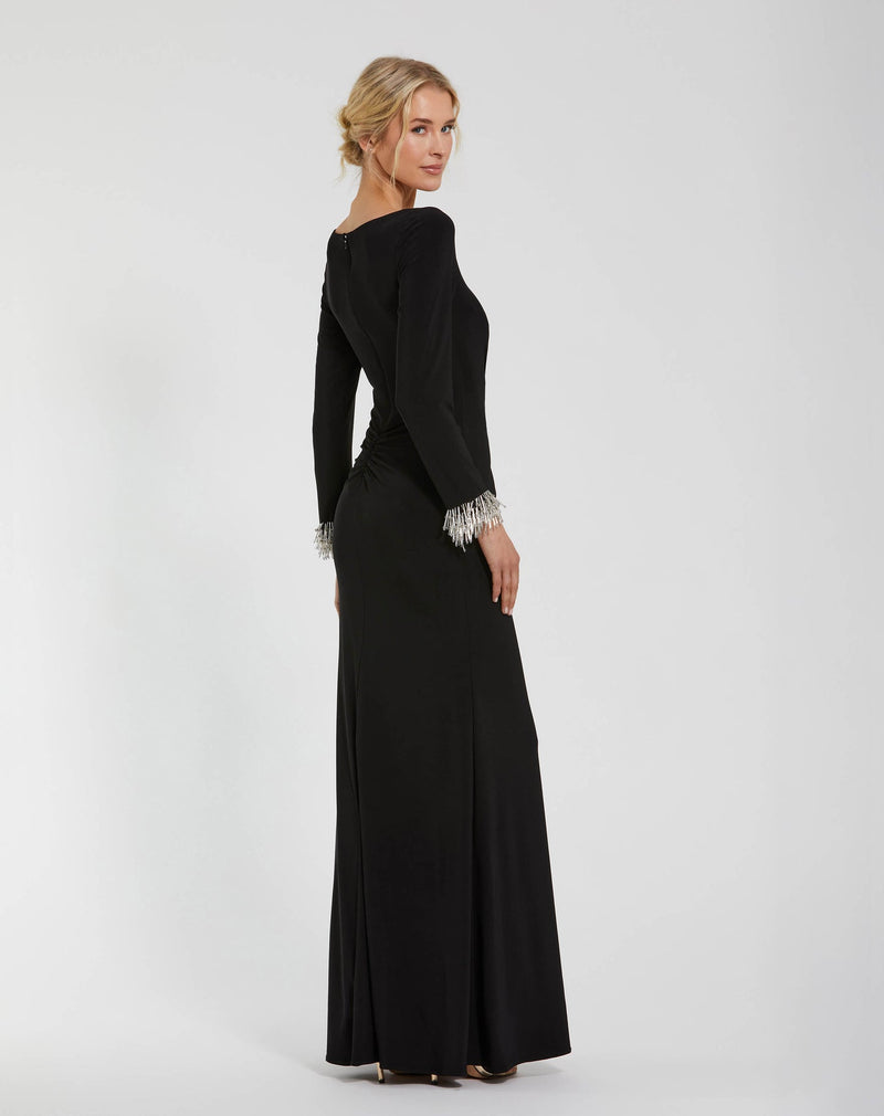 Long Sleeve Jersey Gown With Beaded Cuff Sleeves - Black