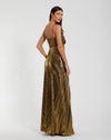 Thin Strap Pleated Metallic Gown With 3D Flower - Antique Gold